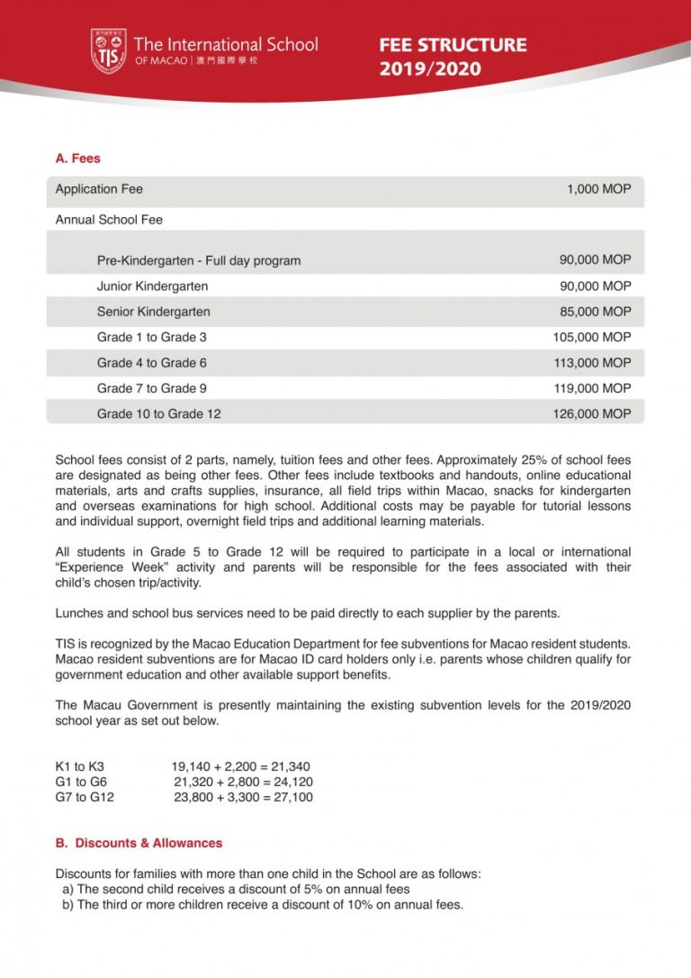 2019-2020 Tuition Fee Structure